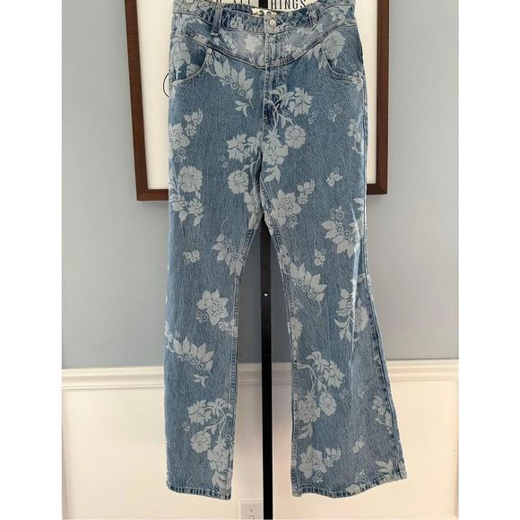 New Free People Naomi Printed Flare Jeans Floral Washed Blue Western Seamed 32 - Picture 3 of 8